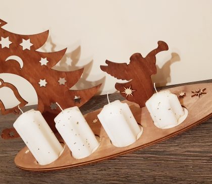 Adventi gyertyatartó dísz - karácsonyfa és angyal